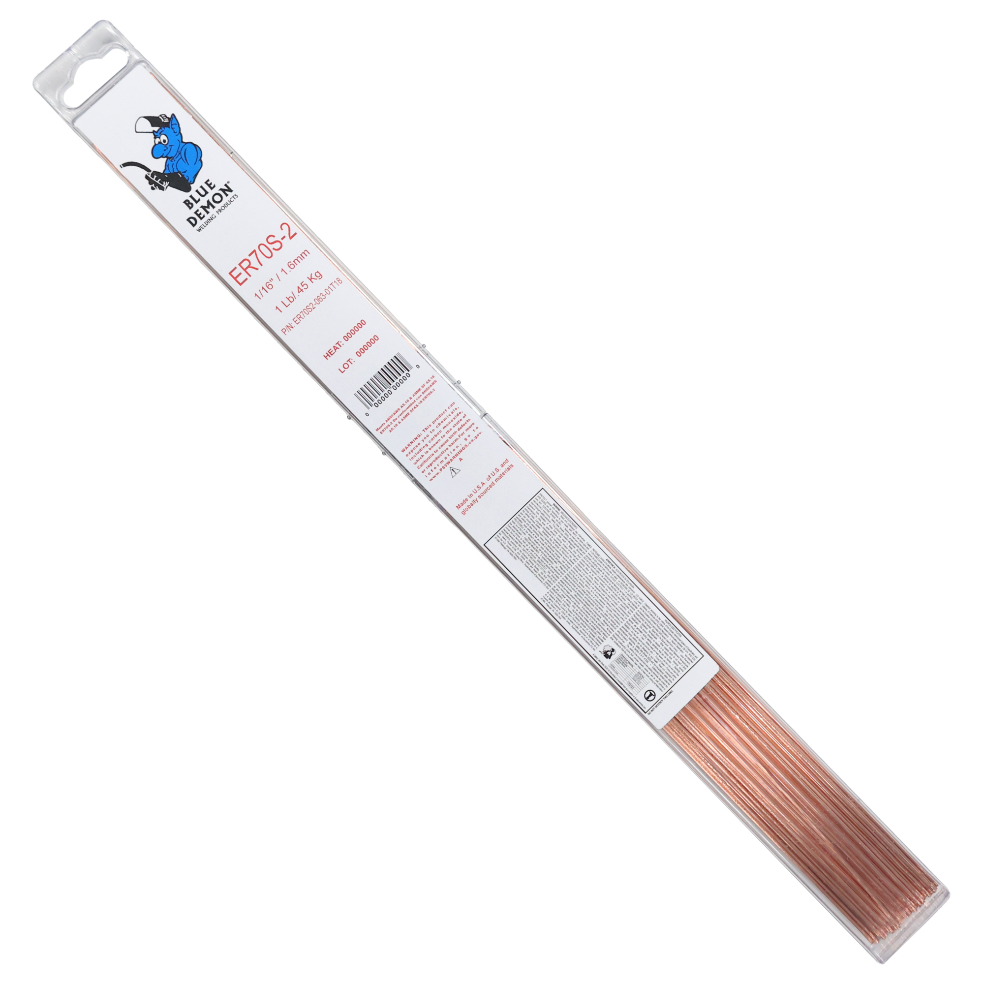 Blue Demon, 1/16in. X 18in. Carbon Steel Tig Rod, Diameter 1/16 in, Length 18 in, Model# ER70S2-063-01T18